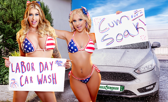 Сисястая милфочка Лолли Дамс с падчерицей утешает мужа сексом втроем