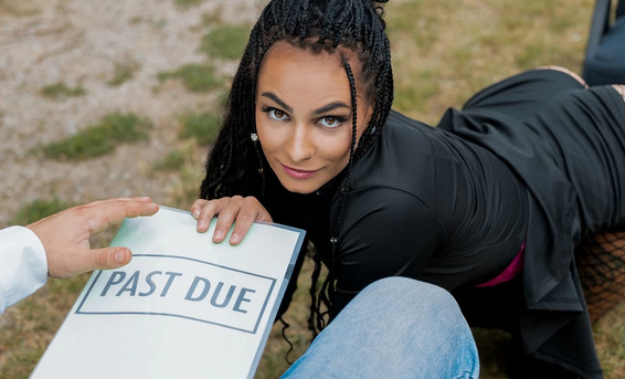 Хитрая брюнетка трахается во дворе своего особняка с коллектором