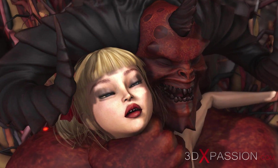 Мультяшный дьявол с огромным хуем растягивает пизду девушки в аду